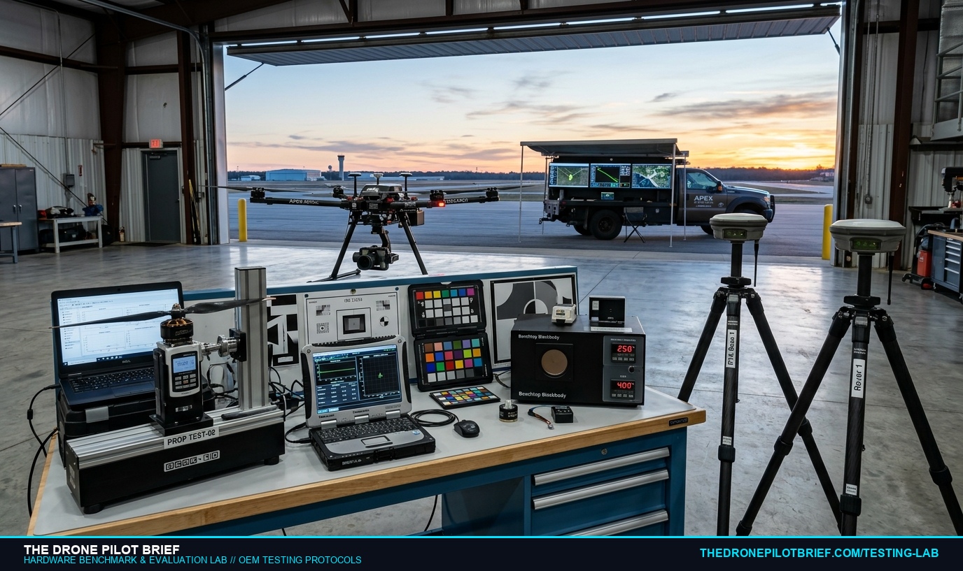The Drone Pilot Brief Hardware and Sensor Evaluation Lab featuring test stands, optical charts, and GNSS base stations
