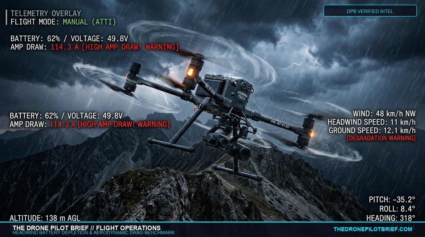 Enterprise quadrotor fighting aggressive high crosswinds and mountain squall with aerodynamic vapor condensation trails and high amp draw telemetry overlay