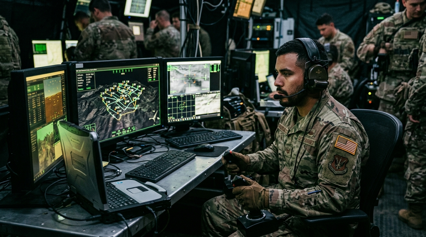 U.S. military drone operator managing tactical multi-screen ground control station