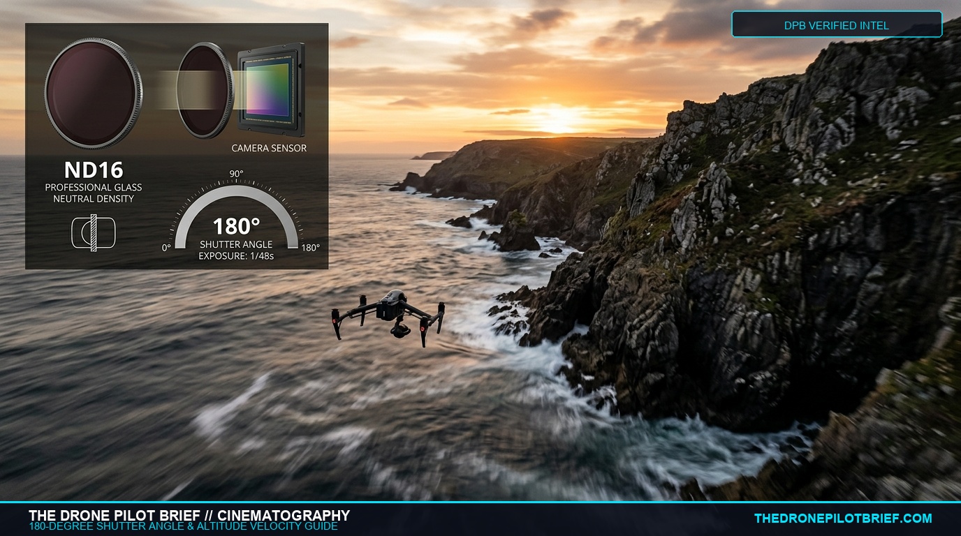 Cinematic drone flying over ocean coastline with ND filter optical diagram and 180-degree shutter angle arc