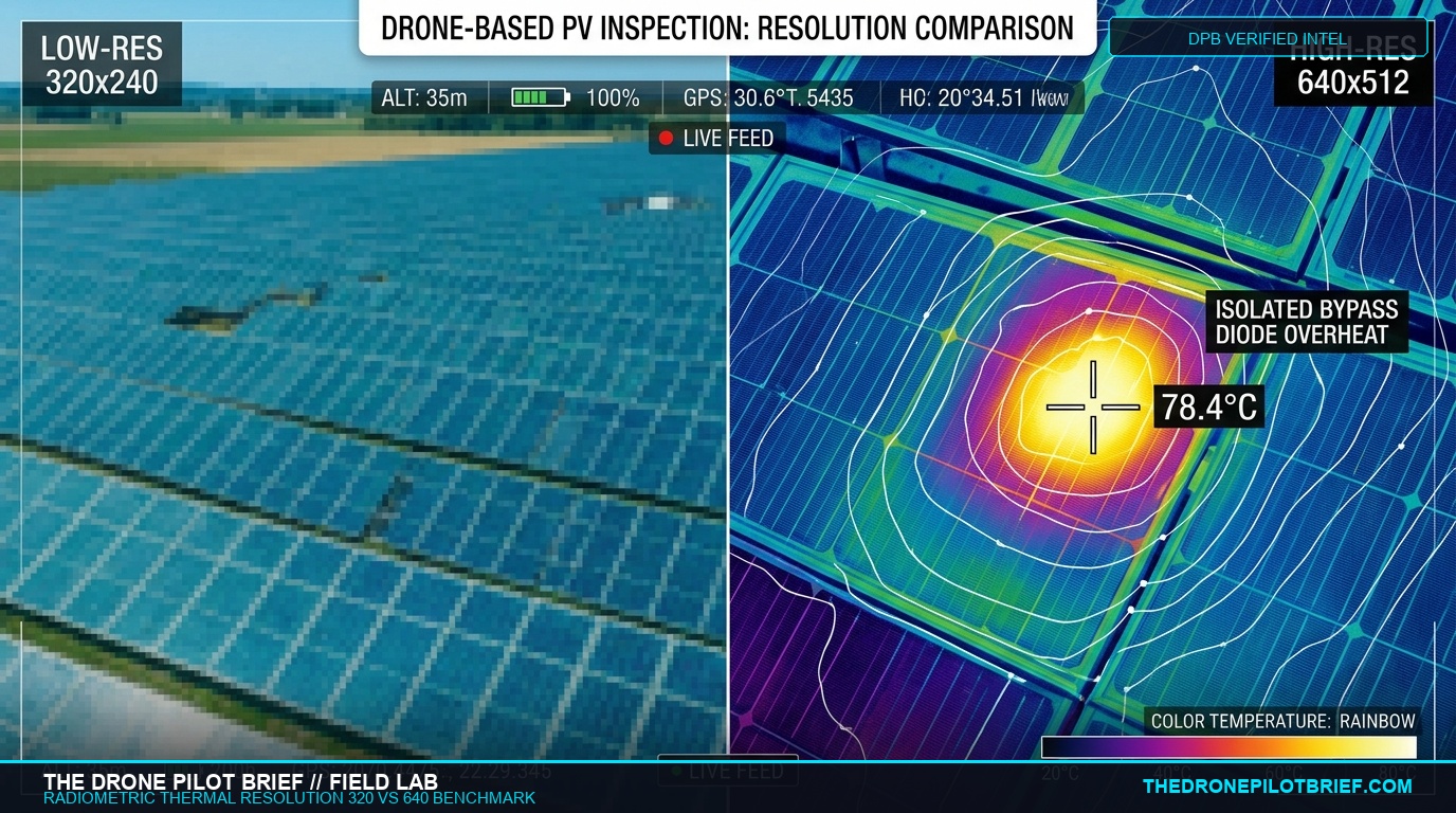 Side by side comparison of low-resolution 320x240 thermal imaging vs high-resolution 640x512 radiometric inspection isolating solar bypass diode hotspot