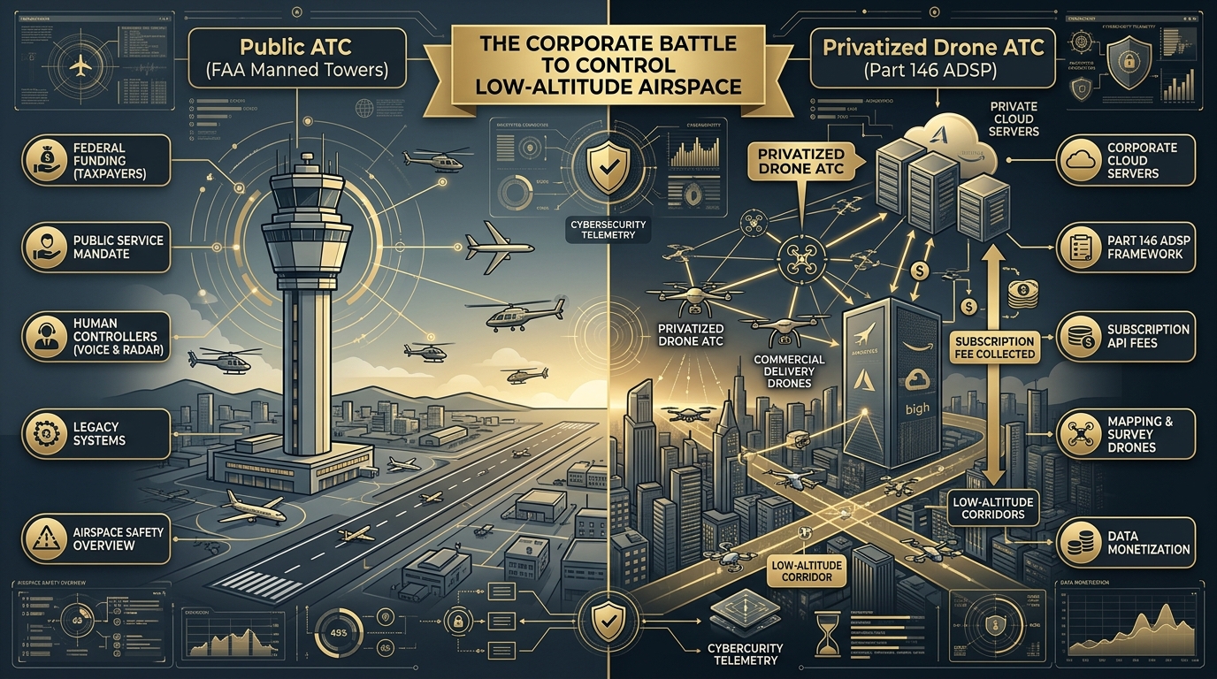 Technical infographic contrasting federally funded public ATC towers with privatized cloud-based drone ATC under proposed Part 146