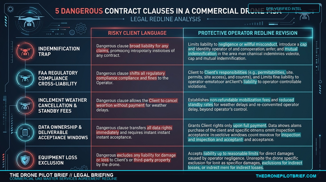 Technical infographic illustrating 5 dangerous contract clauses in a commercial drone Master Services Agreement with redline revisions