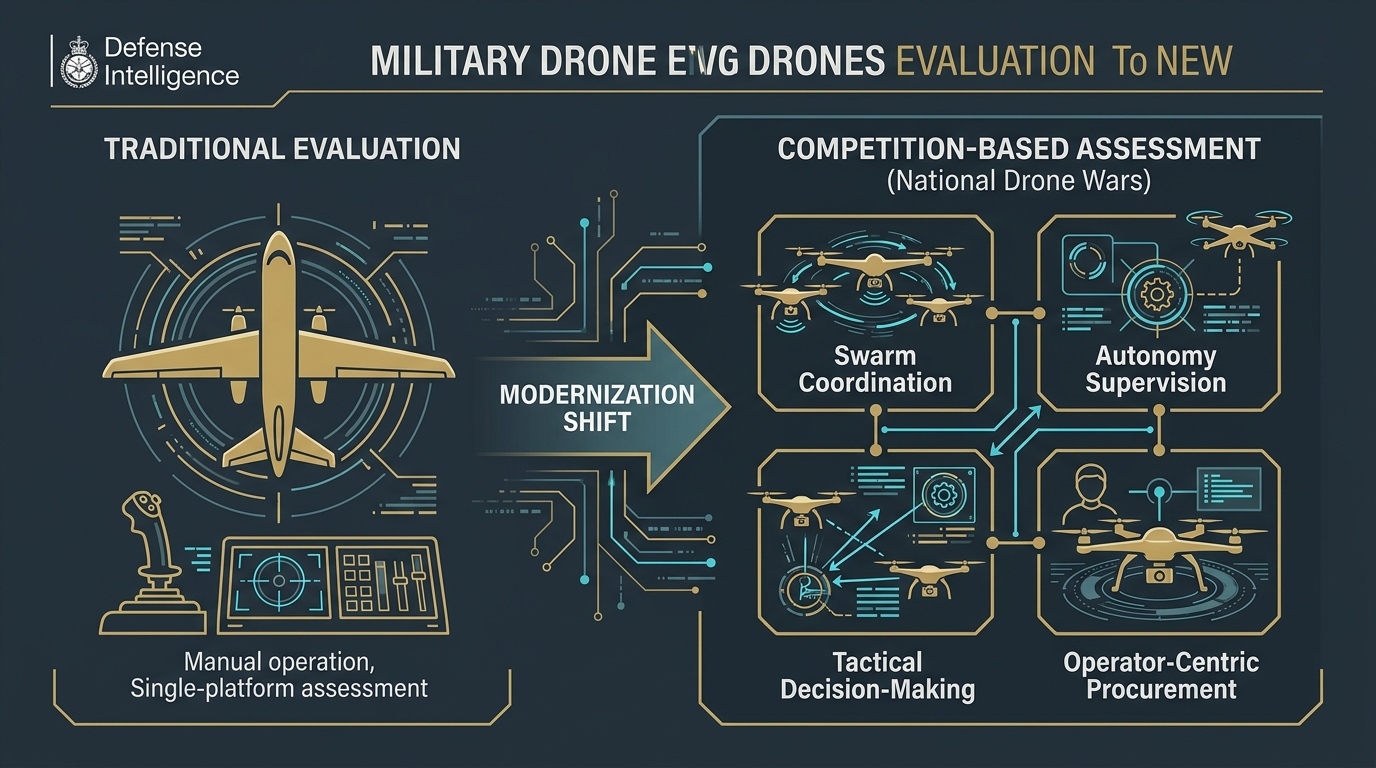 Defense doctrine infographic showing transition from traditional single-platform evaluation to competition-based assessment