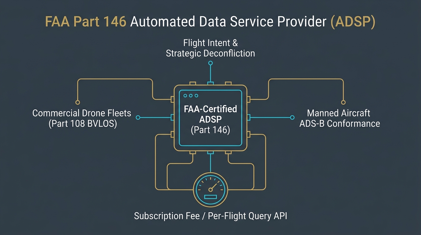 Architectural diagram showing an FAA-Certified Part 146 ADSP routing flight intent, drone fleets, and ADS-B data with a per-flight subscription meter