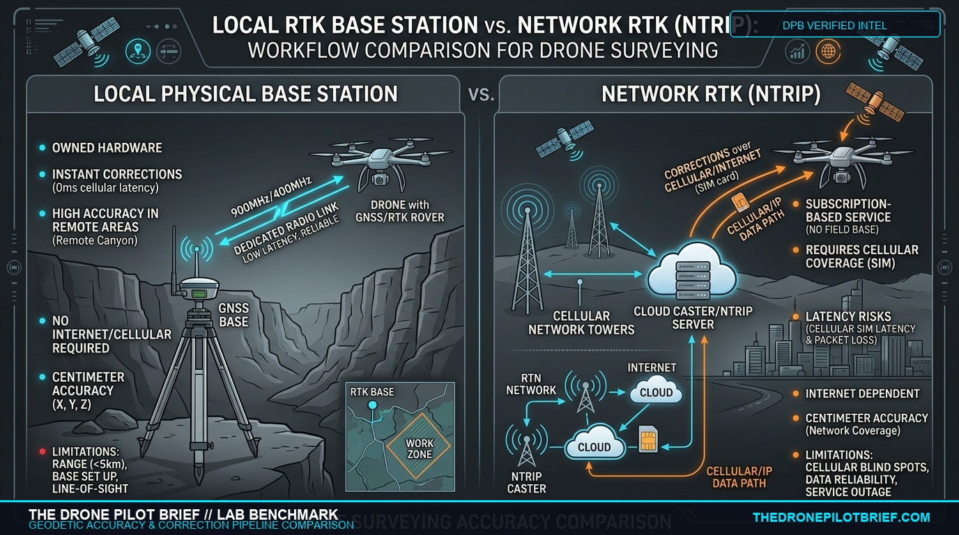 Engineering workflow diagram comparing local physical base station radio link with cellular network NTRIP caster