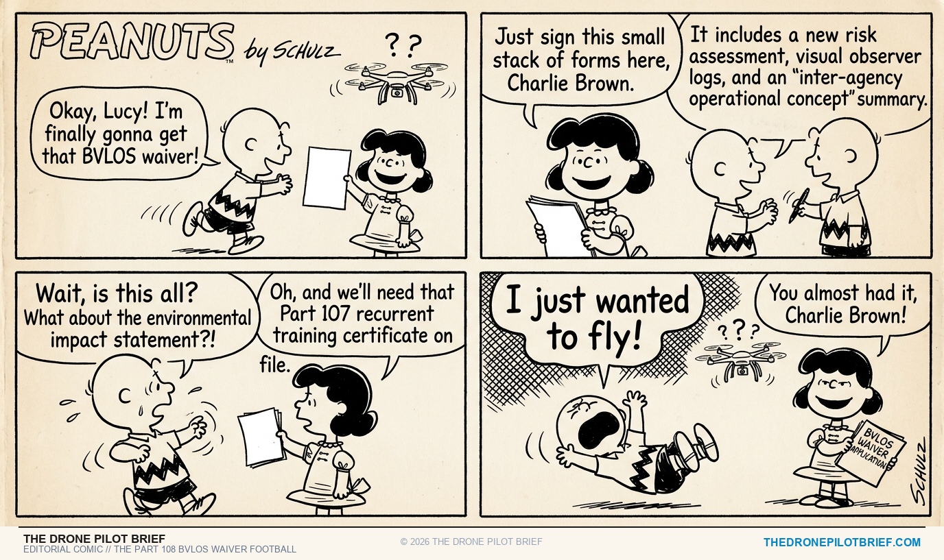 The Part 108 Regulatory Football comic strip in authentic Charles Schulz Peanuts Sunday comic style by The Drone Pilot Brief